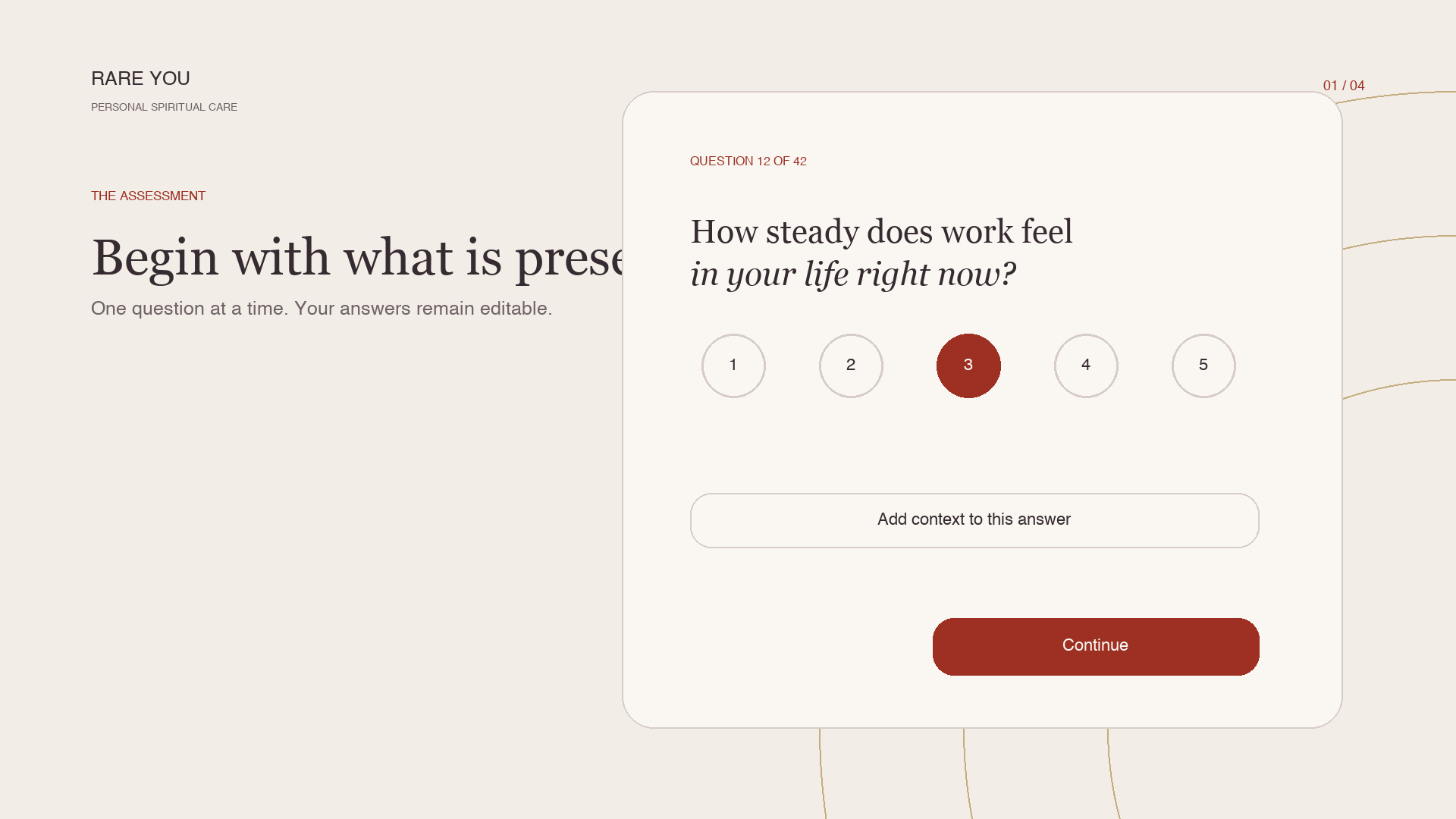 The Rare You assessment screen with an editable concern rating